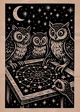 Owls and Constellations Woodcut Print