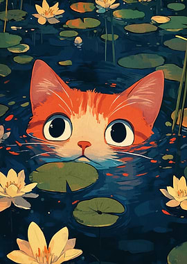 Cat in Water Lilies Pond