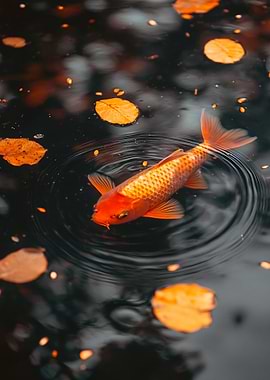 Koi Fish in Pond with Leaves