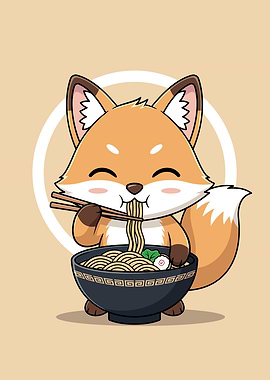 Cute Fox Eating Ramen Illustration