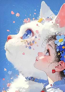 Girl and Cat with Flowers