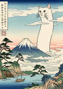 Long Cat Ukiyo-e Style Art