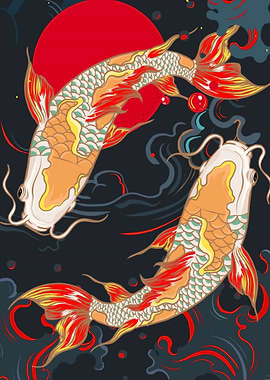 Koi Fish Illustration with Red Sun