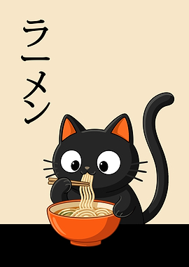 Cartoon Cat Eating Ramen Illustration