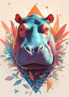 Hippo Portrait with Geometric Floral Design