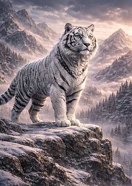 Majestic White Tiger in Mountain Landscape