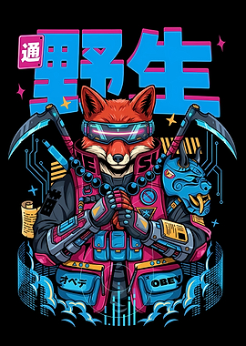 Cyberpunk Fox Warrior with Oni Mask