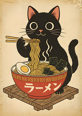 Cat Eating Ramen Illustration