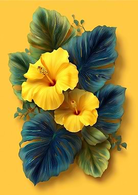 Yellow Hibiscus Flowers and Blue Monstera Leaves