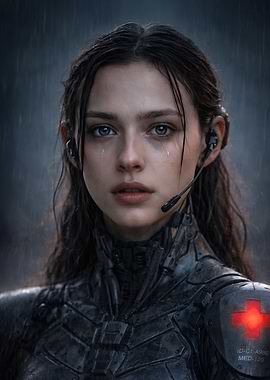 Crying Futuristic Combat Medic . Cinematic Sci-Fi Portrait