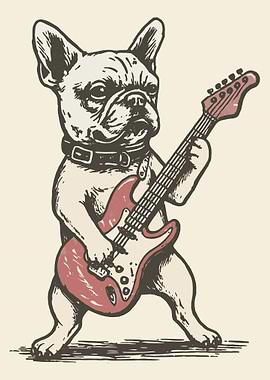 French Bulldog Playing Guitar Poster, Rock Dog Wall Art, Vintage Humorous Pet Print
