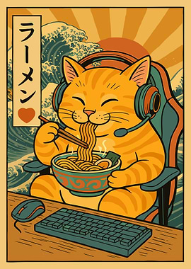 Gaming Cat Ramen Poster, Cute Anime Gamer Wall Art, Japanese Wave Cat Illustration Print