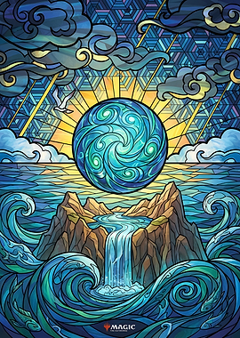 Stained Glass Ocean Landscape with Orb