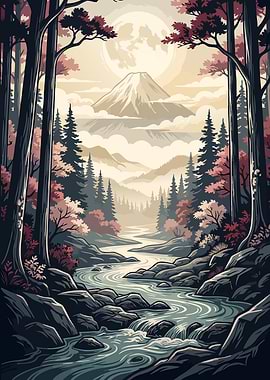 Mountain River Landscape with Full Moon