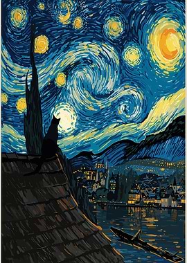 Cat on Roof Starry Night Painting