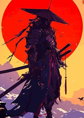 Samurai Warrior with Red Sun Backdrop
