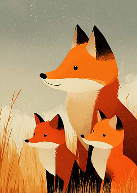 Fox Family in the Meadow Illustration