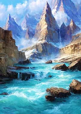 Mountain River Landscape Painting