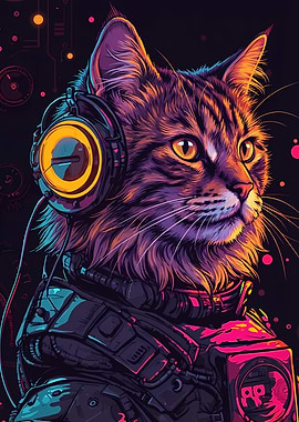 Cyberpunk Cat with Headphones