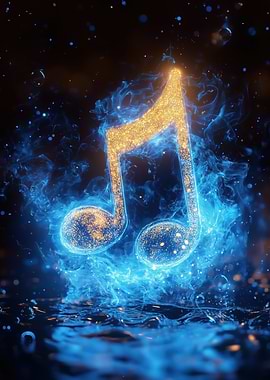 Glowing Musical Note with Blue Flames
