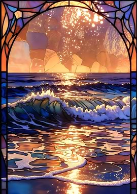 Stained Glass Ocean Wave Sunset