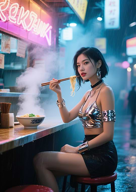 Asian Woman Eating Ramen in Neon City