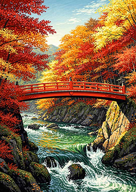 Autumn River Landscape with Red Bridge