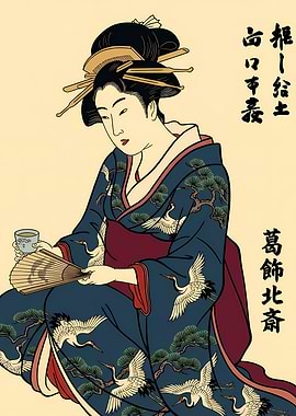Ukiyo-e Style Geisha with Fan and Tea