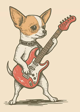 Chihuahua Guitar Poster, Funny Dog Music Wall Art, Retro Cartoon Pet Illustration Print