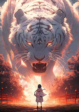 Girl facing giant white tiger