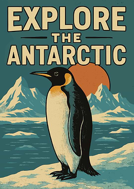 Antarctica Travel Poster, Vintage Penguin Wall Art, Polar Exploration Retro Illustration