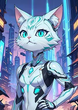 Cyberpunk Cat Character in Futuristic Cityscape