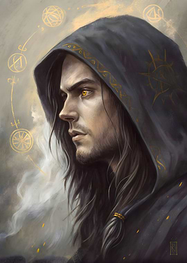 Arcane Hooded Man with Glowing Golden Eyes Portrait Dark Magic Fantasy Poster