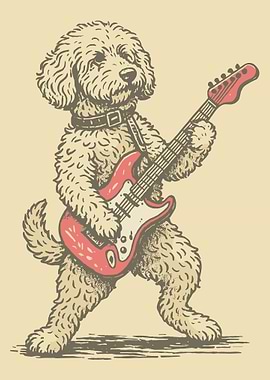 Cartoon Dog Playing Guitar Poster, Cute Music Art Print, Fun Animal Wall Decor for Music Lovers