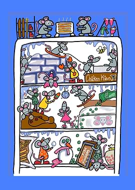 Mice in Fridge Cartoon Illustration