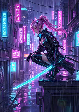 Cyberpunk Anime Girl with Neon Katana