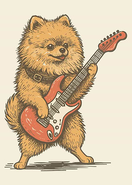 Rockstar Pomeranian Dog Poster, Cute Guitar Playing Dog Wall Art, Fluffy Pet Print
