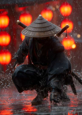 Samurai in Rain with Red Lanterns