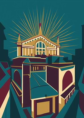 Architectural Building with Sunburst Digital Art