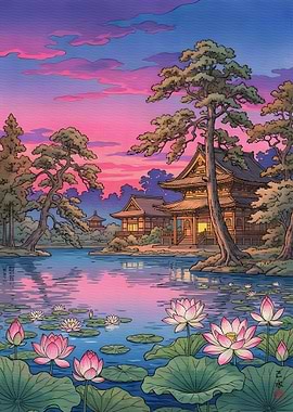 Japanese Temple and Lotus Pond at Sunset