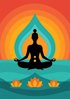 Yoga Meditation Silhouette with Lotus Flowers