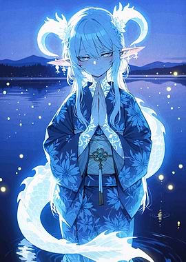 Anime Girl in Kimono by Lake