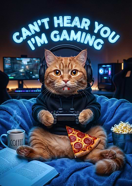 Gamer Cat with Pizza and Coffee