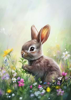 Cute Bunny in a Flower Field