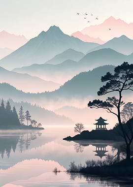 Serene Asian Landscape with Pagoda wall Art