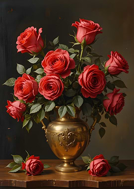 Red Roses in Golden Vase Still Life