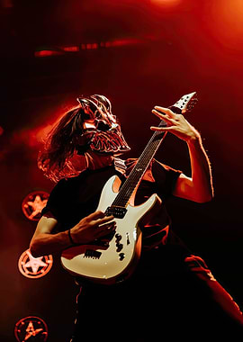 Masked Guitarist Performing in Red Light