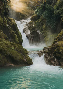 Lush Waterfall Landscape with Turquoise Water