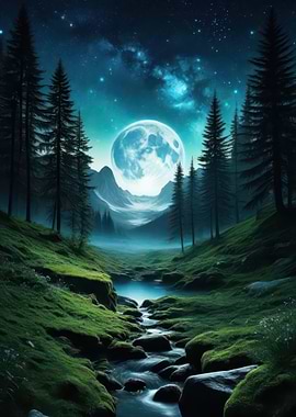 Moonlit Forest Stream Landscape