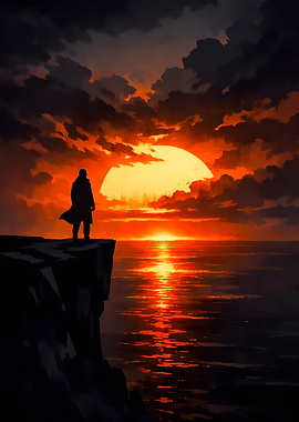 Silhouette Looking at Sunset Over the Ocean